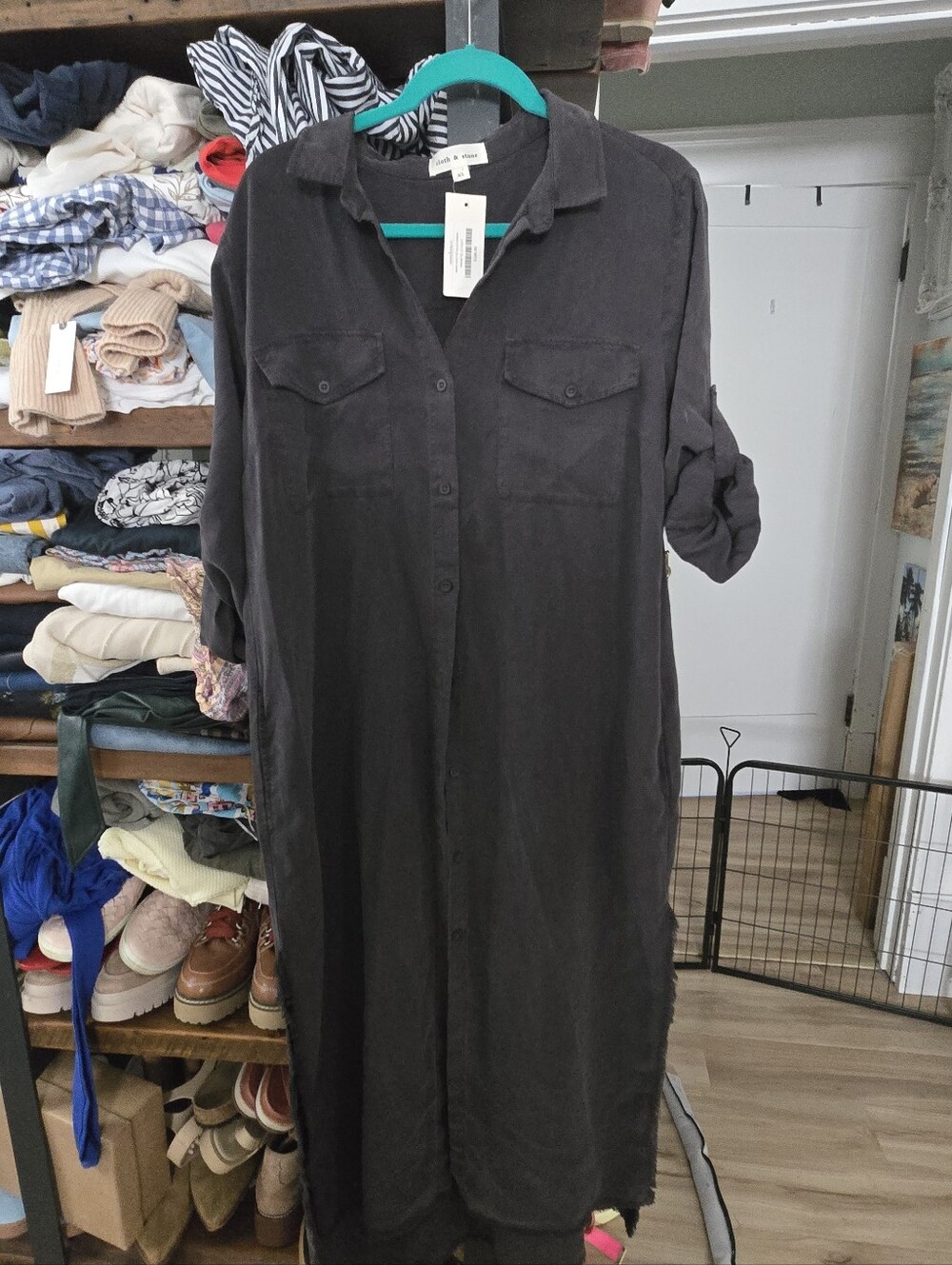 cloth & stone Long Button-Down Shirt Dress in Charcoal